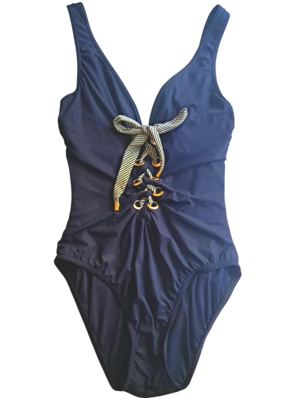 Karla Colletto Lucy Lace Up Swimsuit LIKE NEW Navy w/ Striped Ribbon Med-cut Leg